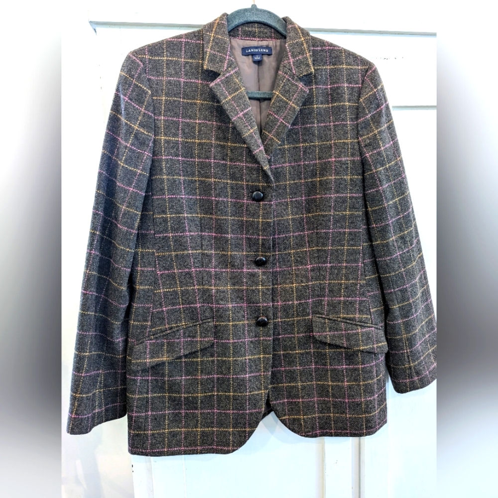 Vtg Lands End Woman's sz12 wool blazer brown pink yellow Fall/Autumn Thanksgivin
